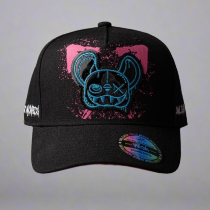 Black cap with a colorful graphic design on a light gray background