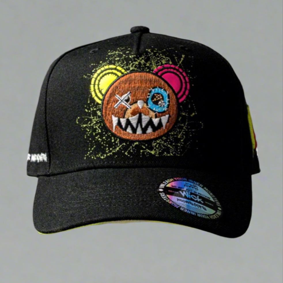 Black cap with colorful graphic design on a gray background