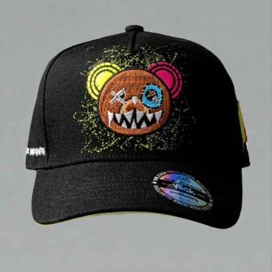 Black cap with colorful graphic design on a gray background
