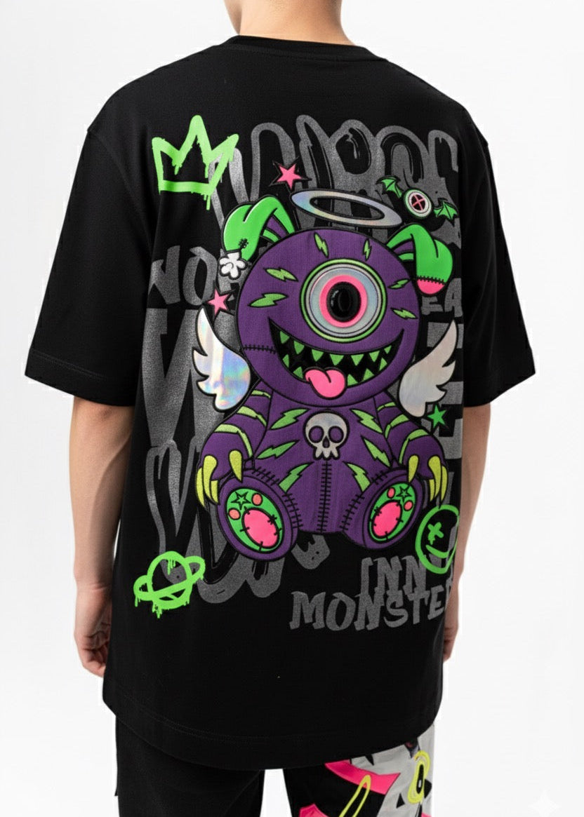 Black t-shirt with colorful graphic design on a white background