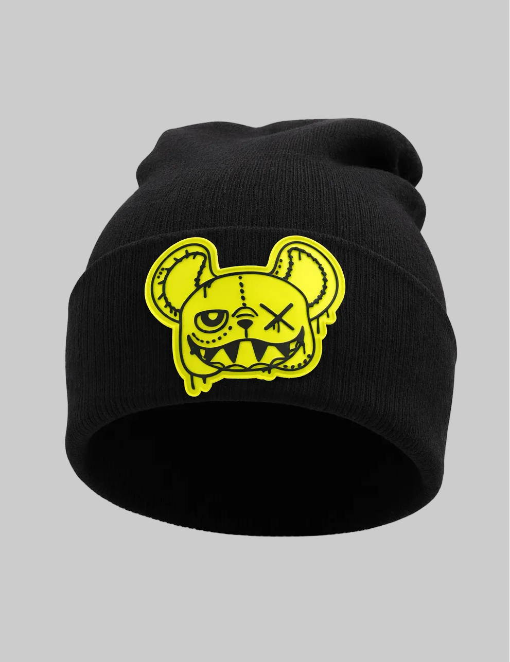 Black beanie with a yellow graphic design on a white background