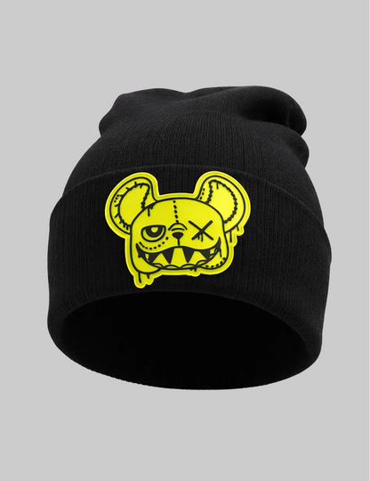 Black beanie with a yellow graphic design on a white background